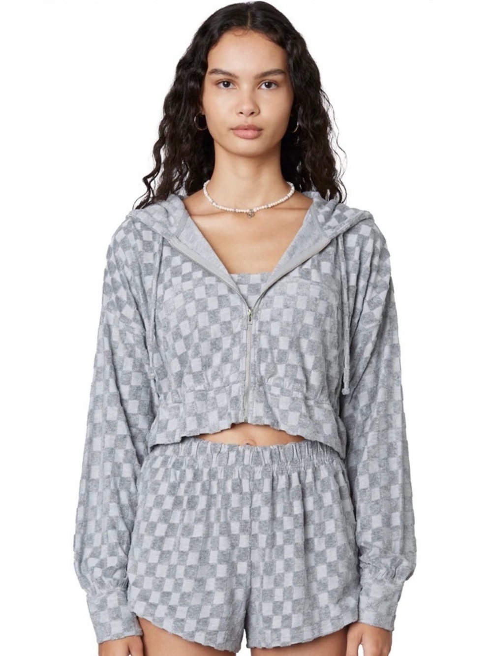 LIKE NEW NIA TERRYCLOTH CHECKERED ZIPPER HOODIE, MEDIUM, GRAY TONAL